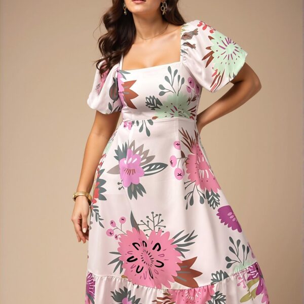 Multicolor Chic Botanical Print Puff Sleeve Cinched Waist Ruched Dress for Spring and Summer - Chic, Classy and Trendy Fashion Style to Dress to Impress