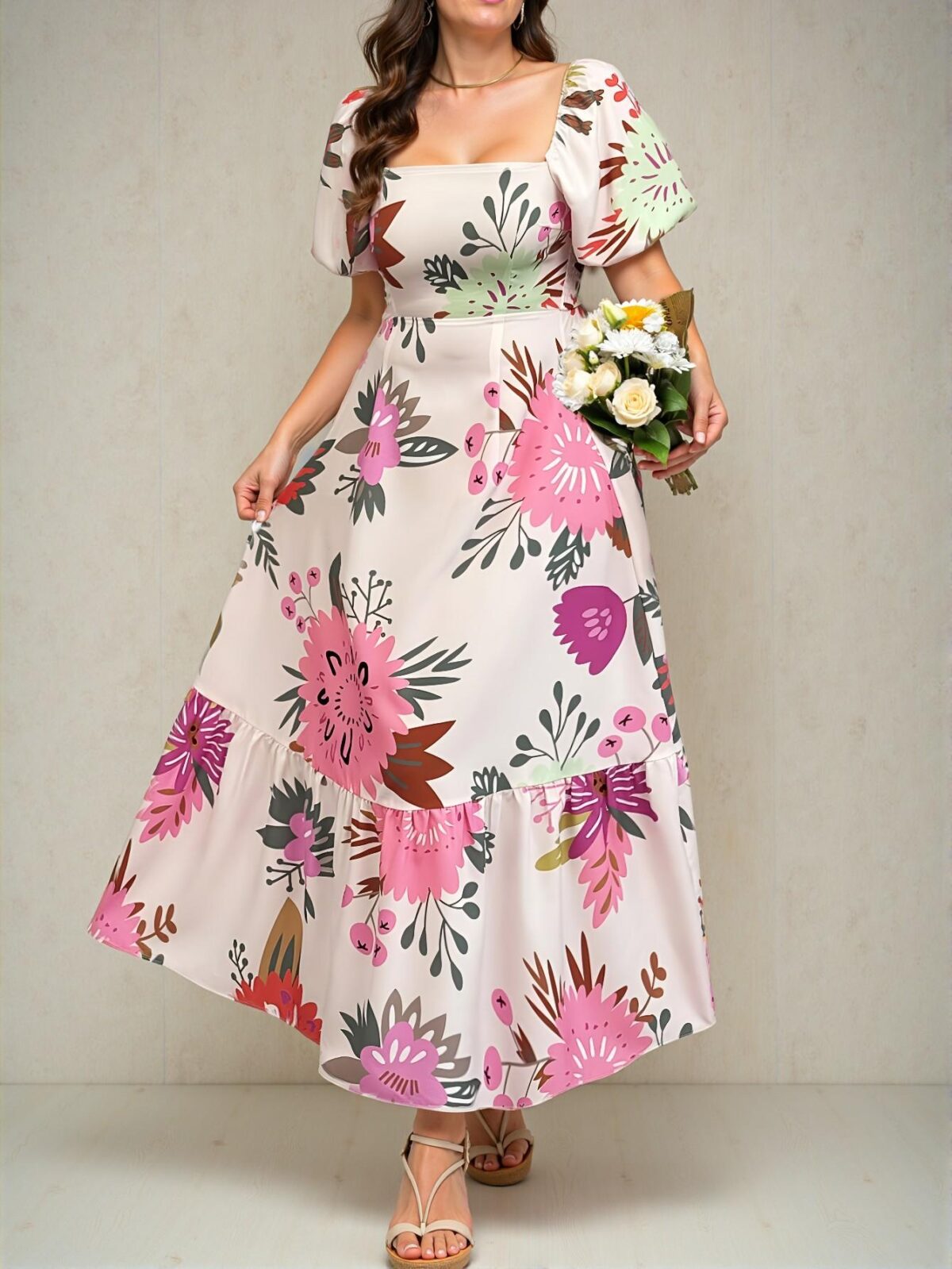 Multicolor Chic Botanical Print Puff Sleeve Cinched Waist Ruched Dress for Spring and Summer - Chic, Classy and Trendy Fashion Style to Dress to Impress - Image 3