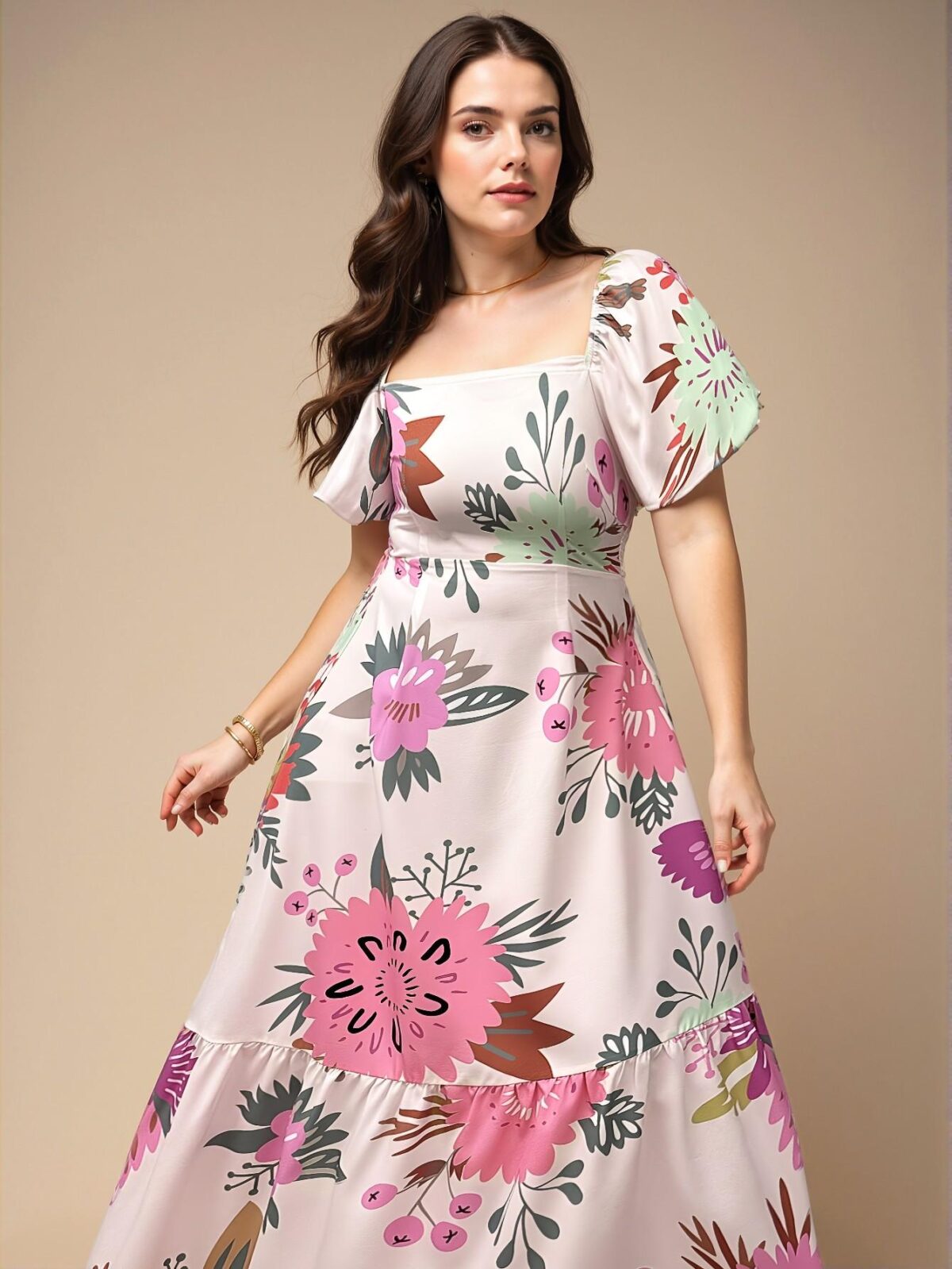Multicolor Chic Botanical Print Puff Sleeve Cinched Waist Ruched Dress for Spring and Summer - Chic, Classy and Trendy Fashion Style to Dress to Impress - Image 4