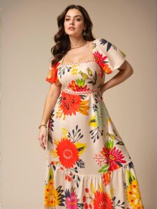 Elegant Multicolor Floral Waist Drawstring Puff Sleeve Midi Dress for Spring and Summer Chic, Classy and Trendy Fashion Style to Dress to Impress