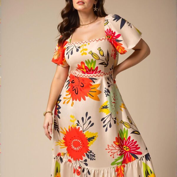 Elegant Multicolor Floral Waist Drawstring Puff Sleeve Midi Dress for Spring and Summer Chic, Classy and Trendy Fashion Style to Dress to Impress