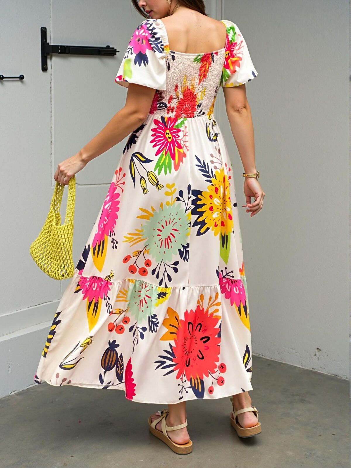 Elegant Multicolor Floral Waist Drawstring Puff Sleeve Midi Dress for Spring and Summer Chic, Classy and Trendy Fashion Style to Dress to Impress - Image 2