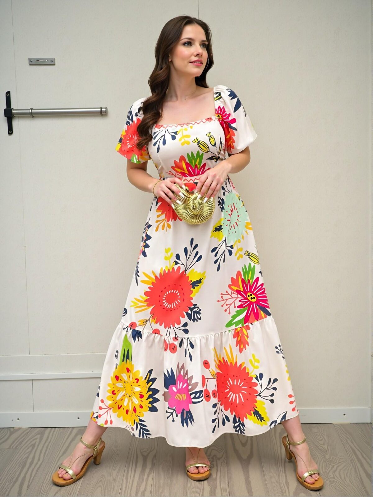 Elegant Multicolor Floral Waist Drawstring Puff Sleeve Midi Dress for Spring and Summer Chic, Classy and Trendy Fashion Style to Dress to Impress - Image 3