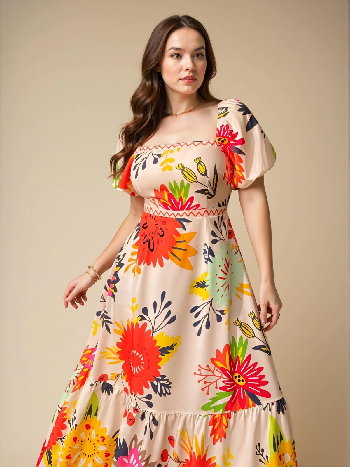 Elegant Multicolor Floral Waist Drawstring Puff Sleeve Midi Dress for Spring and Summer Chic, Classy and Trendy Fashion Style to Dress to Impress - Image 4