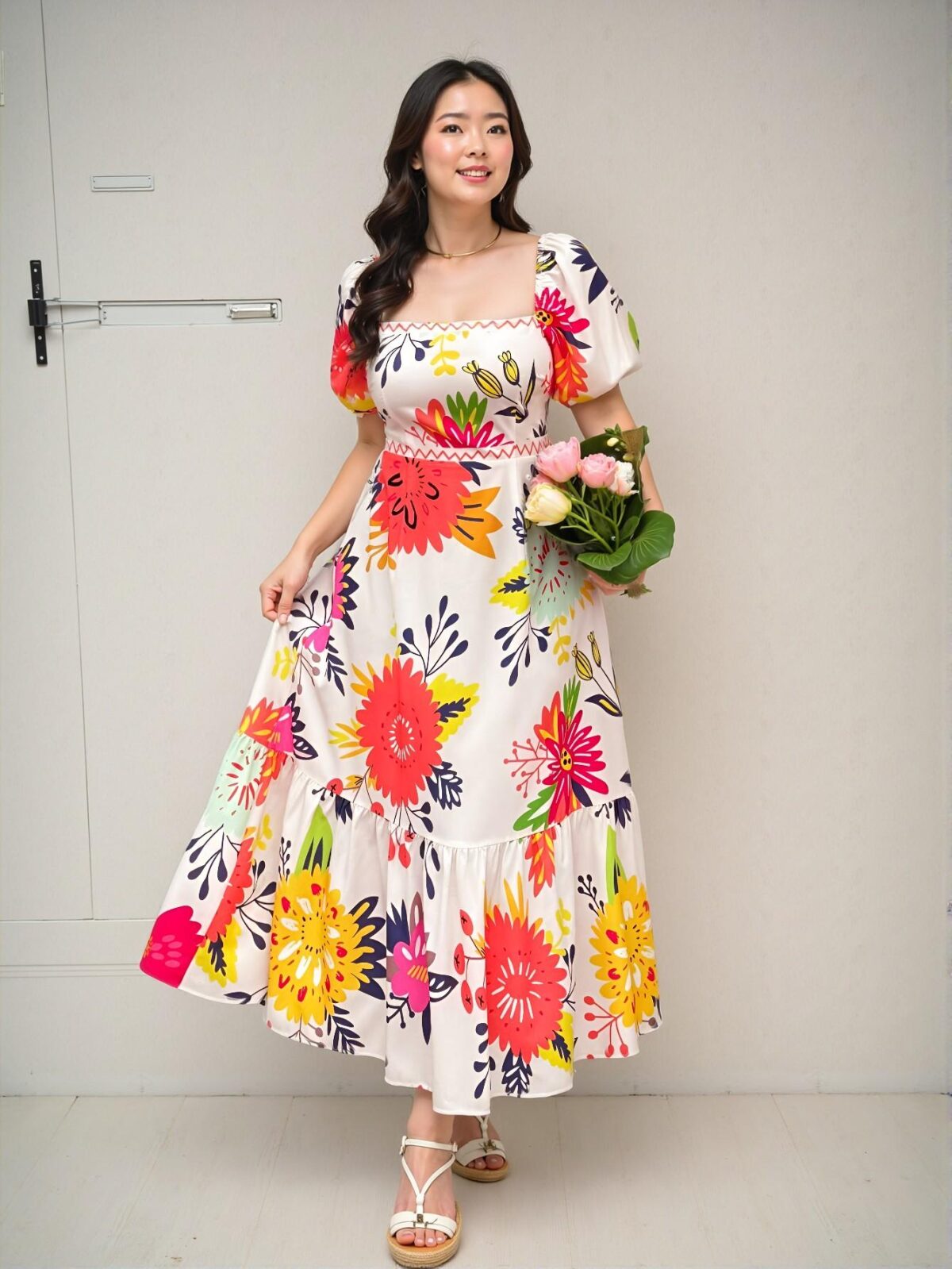 Elegant Multicolor Floral Waist Drawstring Puff Sleeve Midi Dress for Spring and Summer Chic, Classy and Trendy Fashion Style to Dress to Impress - Image 5