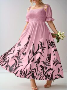 Elegant Pink Boho Maxi Dress with Floral and Plants Print for Wedding Guests, Perfect Spring and Summer Outfit - Chic, Classy and Trendy Fashion Style to Dress to Impress