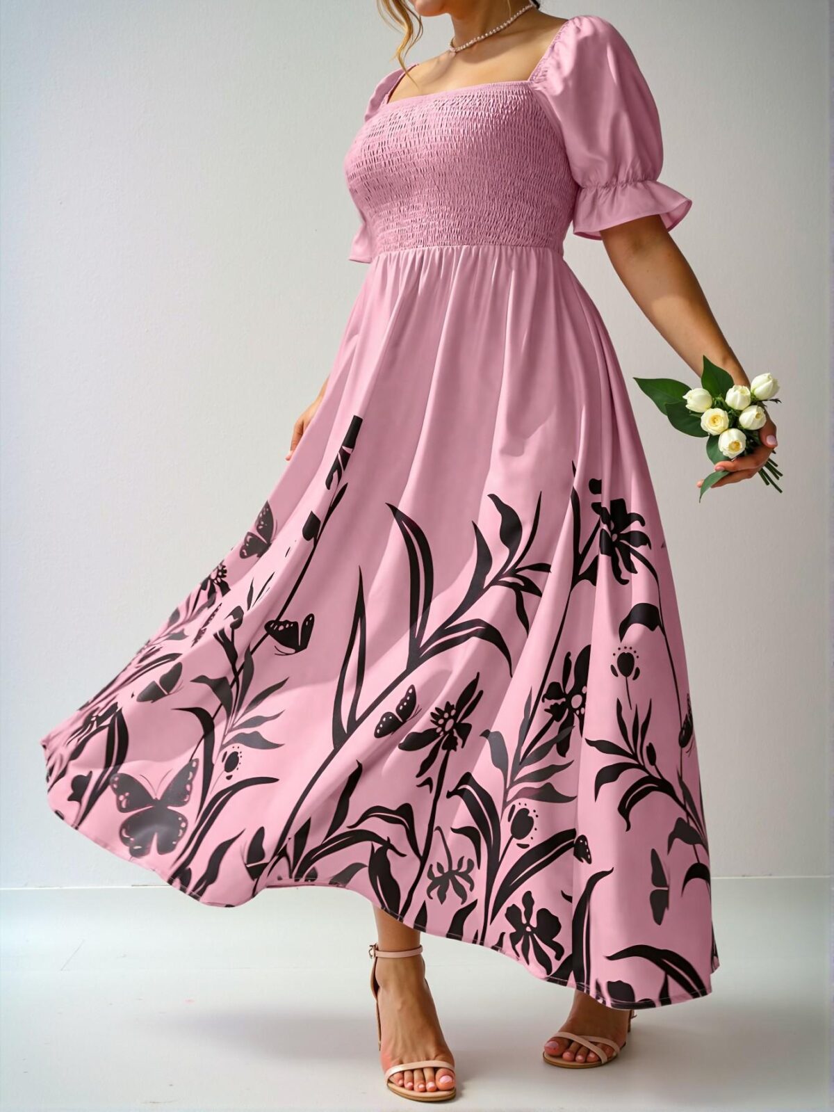 Elegant Pink Boho Maxi Dress with Floral and Plants Print for Wedding Guests, Perfect Spring and Summer Outfit - Chic, Classy and Trendy Fashion Style to Dress to Impress - Image 4