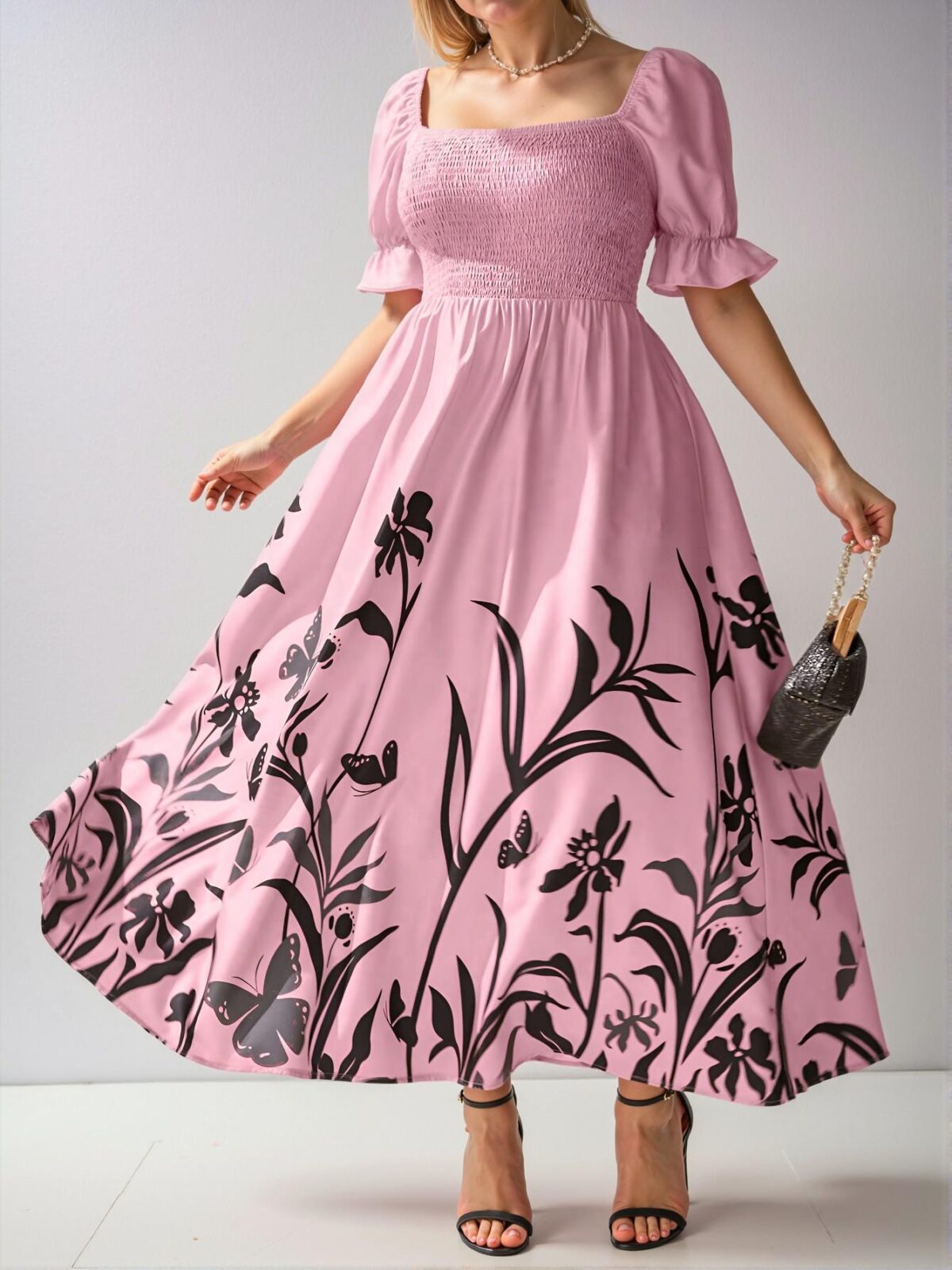 Elegant Pink Boho Maxi Dress with Floral and Plants Print for Wedding Guests, Perfect Spring and Summer Outfit - Chic, Classy and Trendy Fashion Style to Dress to Impress - Image 5