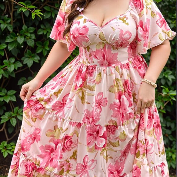 Elegant Multicolor Ruffled V-Neck Floral Dress with Flounce Sleeves for a Delightful Resort Look in Spring and Summer - Chic, Classy, and Trendy Fashion Style to Dress to Impress