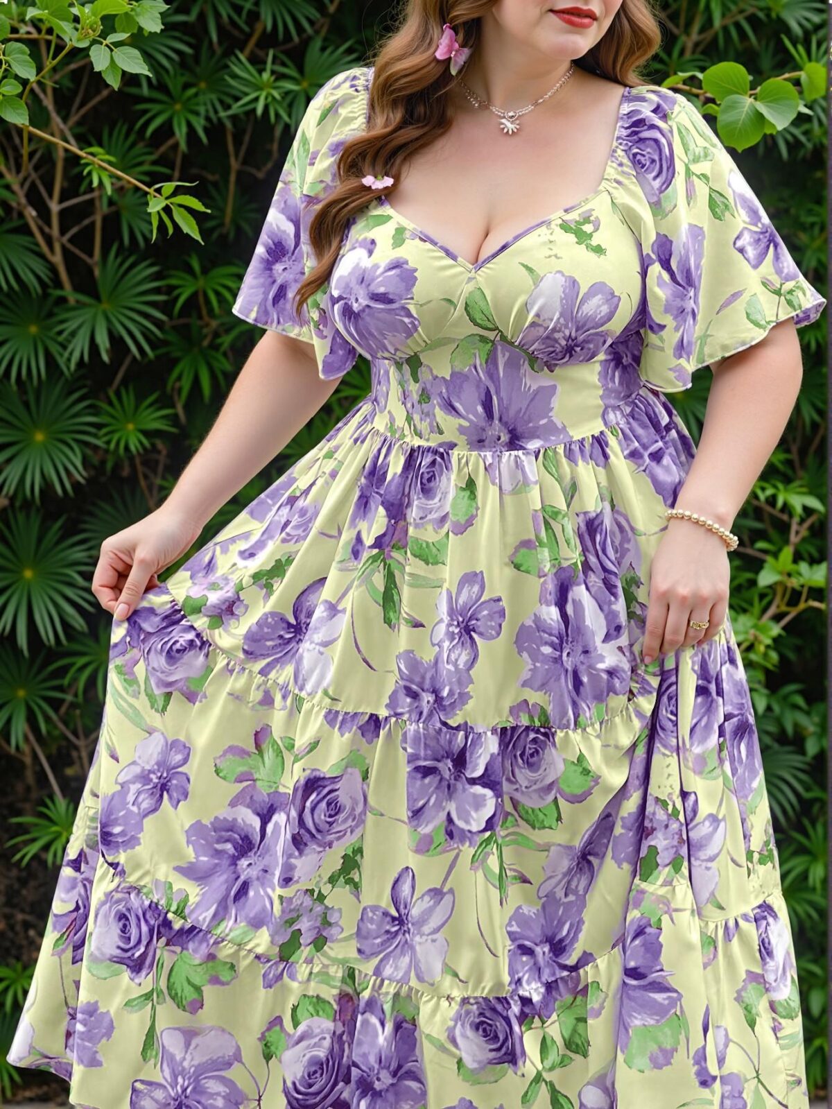 Elegant Purple Floral Ruffle V-Neck Long Dress for Women, Effortlessly Chic Vacation Wear for Spring and Summer, Classy and Trendy Fashion Style to Dress to Impress