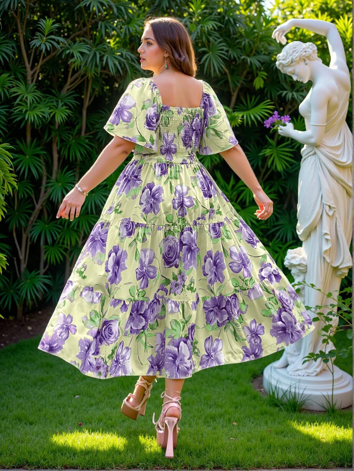 Elegant Purple Floral Ruffle V-Neck Long Dress for Women, Effortlessly Chic Vacation Wear for Spring and Summer, Classy and Trendy Fashion Style to Dress to Impress - Image 2