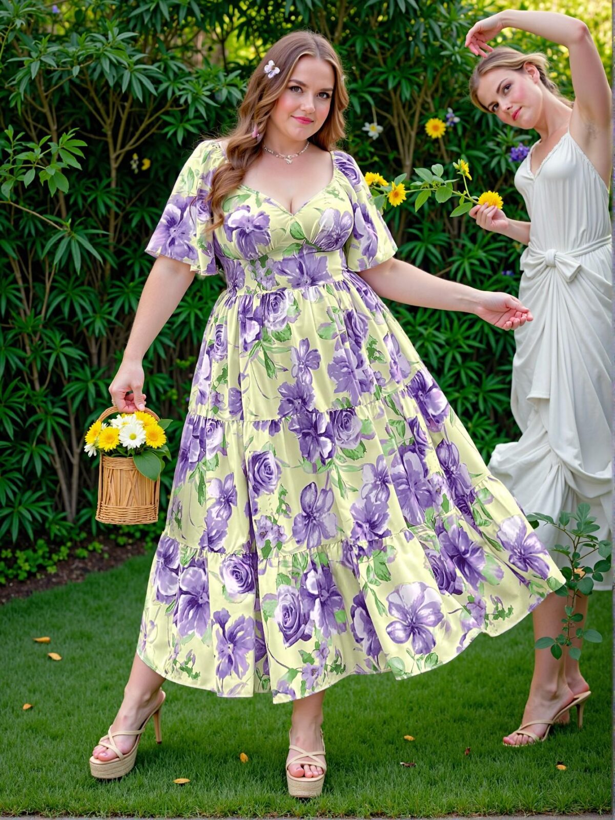 Elegant Purple Floral Ruffle V-Neck Long Dress for Women, Effortlessly Chic Vacation Wear for Spring and Summer, Classy and Trendy Fashion Style to Dress to Impress - Image 4