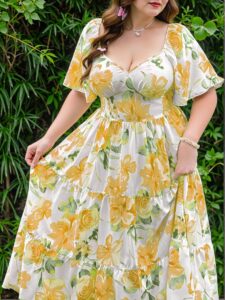 Elegant Yellow Charming Floral Ruffle Trim V-Neck Dress with a Breezy Resort Feel Perfect for Spring and Summer Chic, Classy and Trendy Fashion Style to Dress to Impress