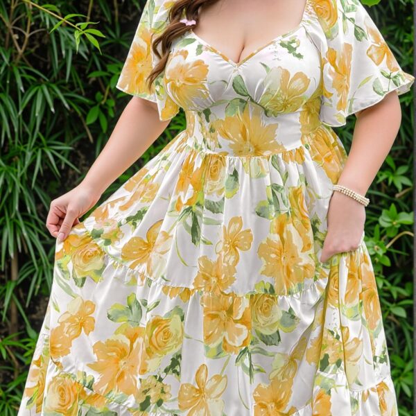 Elegant Yellow Charming Floral Ruffle Trim V-Neck Dress with a Breezy Resort Feel Perfect for Spring and Summer Chic, Classy and Trendy Fashion Style to Dress to Impress