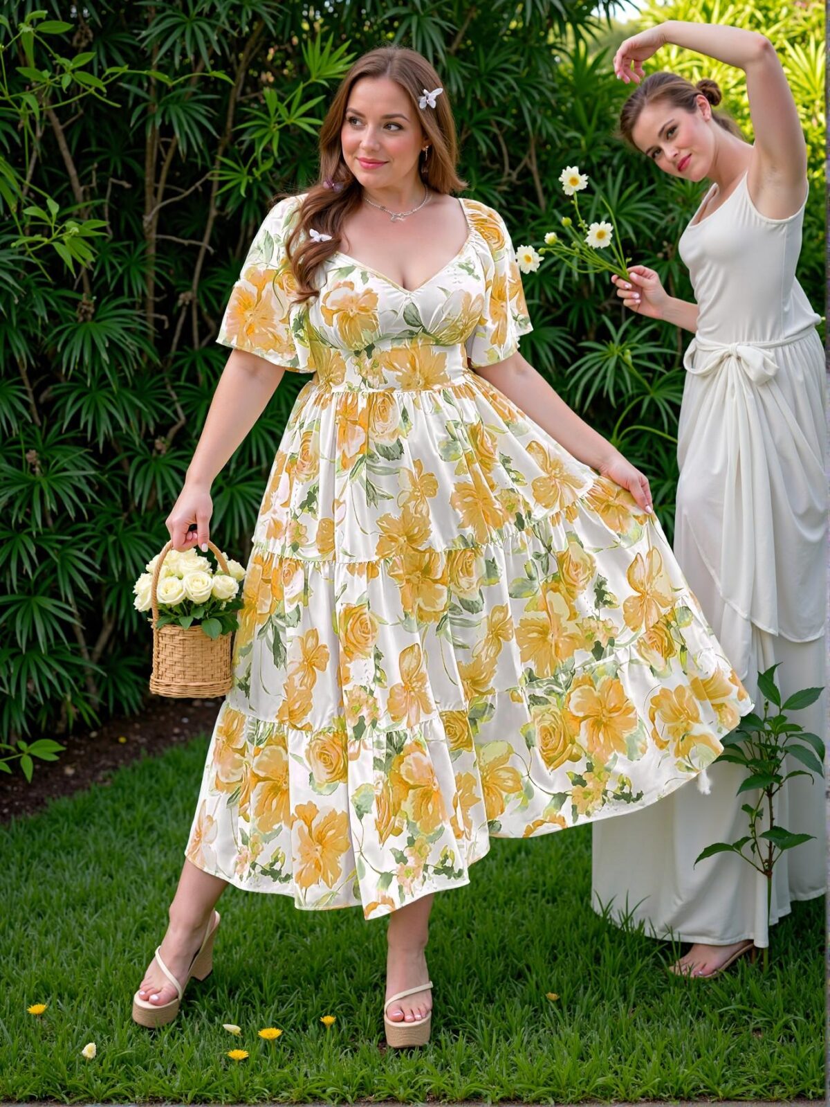 Elegant Yellow Charming Floral Ruffle Trim V-Neck Dress with a Breezy Resort Feel Perfect for Spring and Summer Chic, Classy and Trendy Fashion Style to Dress to Impress - Image 3