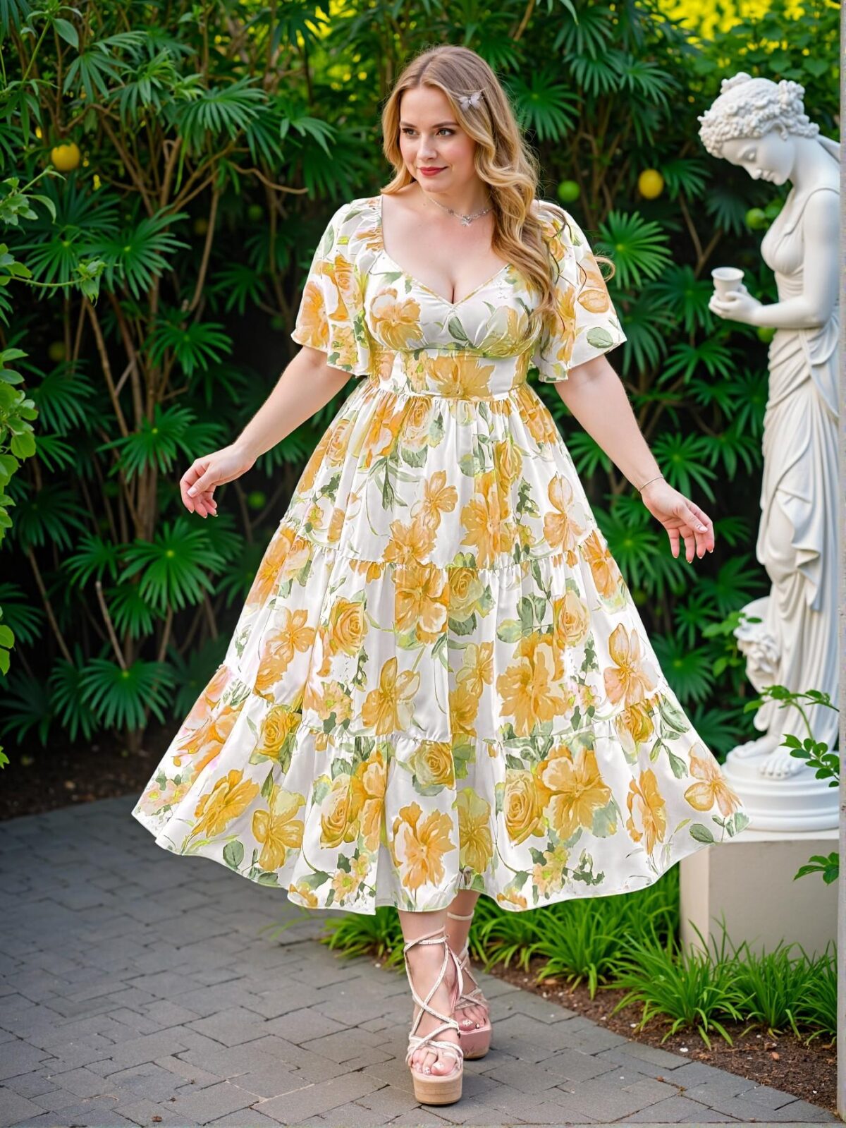 Elegant Yellow Charming Floral Ruffle Trim V-Neck Dress with a Breezy Resort Feel Perfect for Spring and Summer Chic, Classy and Trendy Fashion Style to Dress to Impress - Image 4