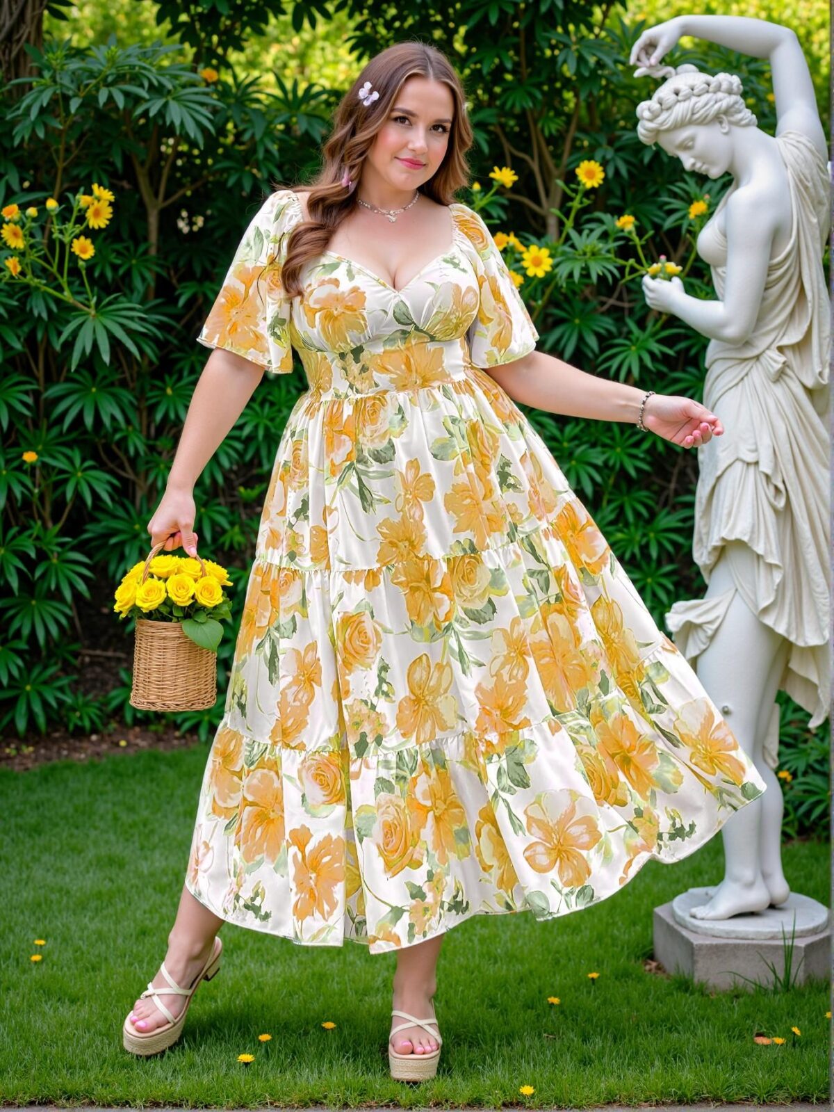 Elegant Yellow Charming Floral Ruffle Trim V-Neck Dress with a Breezy Resort Feel Perfect for Spring and Summer Chic, Classy and Trendy Fashion Style to Dress to Impress - Image 5