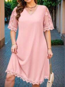 Elegant Pink Stylish V-Neck Contrast Mesh Applique Tunic Dress for Spring and Summer Chic, Classy and Trendy Fashion Style to Dress to Impress