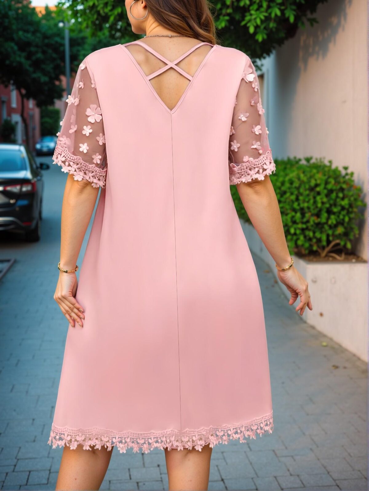 Elegant Pink Stylish V-Neck Contrast Mesh Applique Tunic Dress for Spring and Summer Chic, Classy and Trendy Fashion Style to Dress to Impress - Image 2