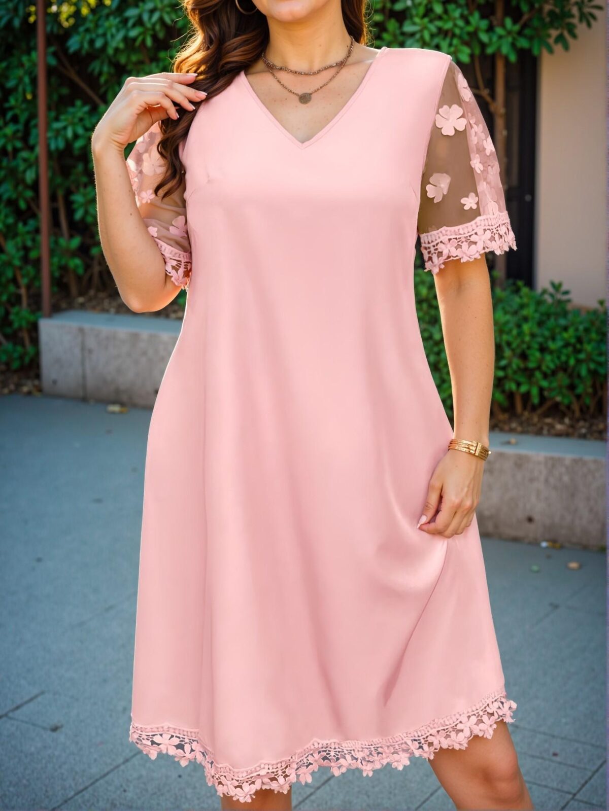 Elegant Pink Stylish V-Neck Contrast Mesh Applique Tunic Dress for Spring and Summer Chic, Classy and Trendy Fashion Style to Dress to Impress - Image 3