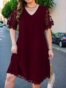 Elegant Burgundy Floral Mesh Patchwork Loose Tunic Dress for Spring and Summer Chic, Classy and Trendy Fashion Style to Dress to Impress