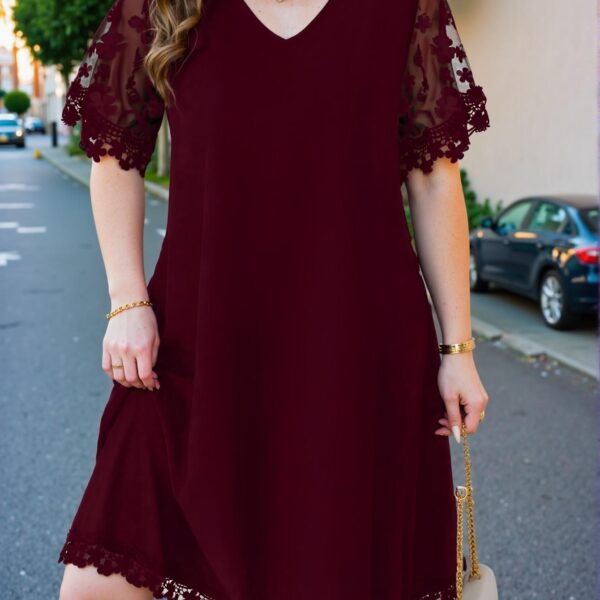 Elegant Burgundy Floral Mesh Patchwork Loose Tunic Dress for Spring and Summer Chic, Classy and Trendy Fashion Style to Dress to Impress
