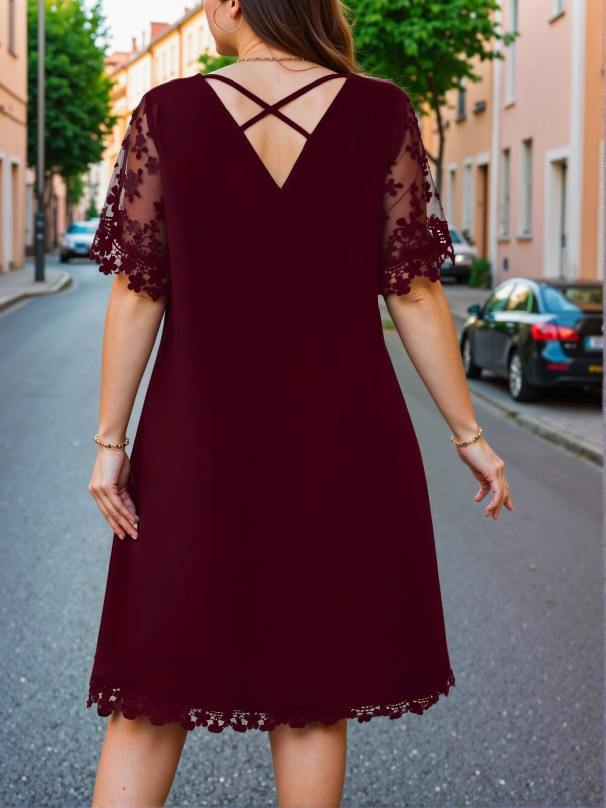 Elegant Burgundy Floral Mesh Patchwork Loose Tunic Dress for Spring and Summer Chic, Classy and Trendy Fashion Style to Dress to Impress - Image 2