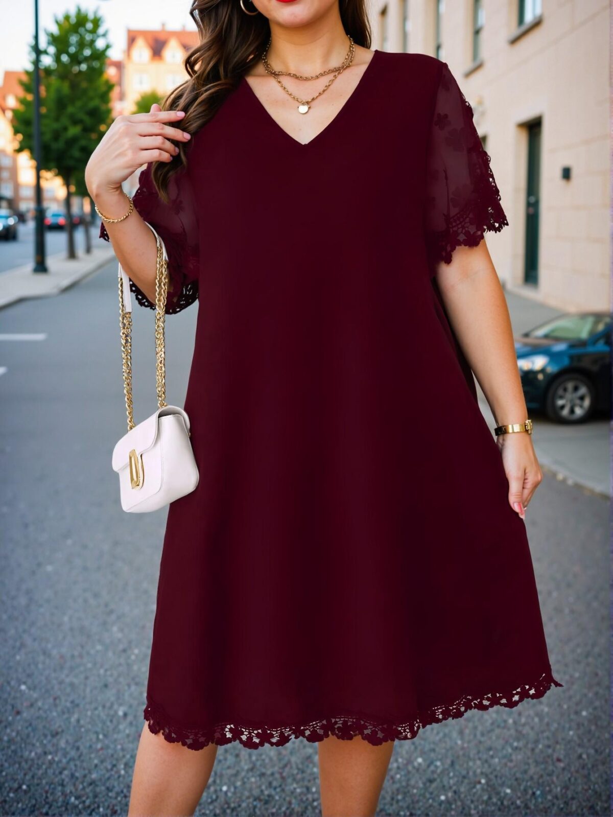 Elegant Burgundy Floral Mesh Patchwork Loose Tunic Dress for Spring and Summer Chic, Classy and Trendy Fashion Style to Dress to Impress - Image 3