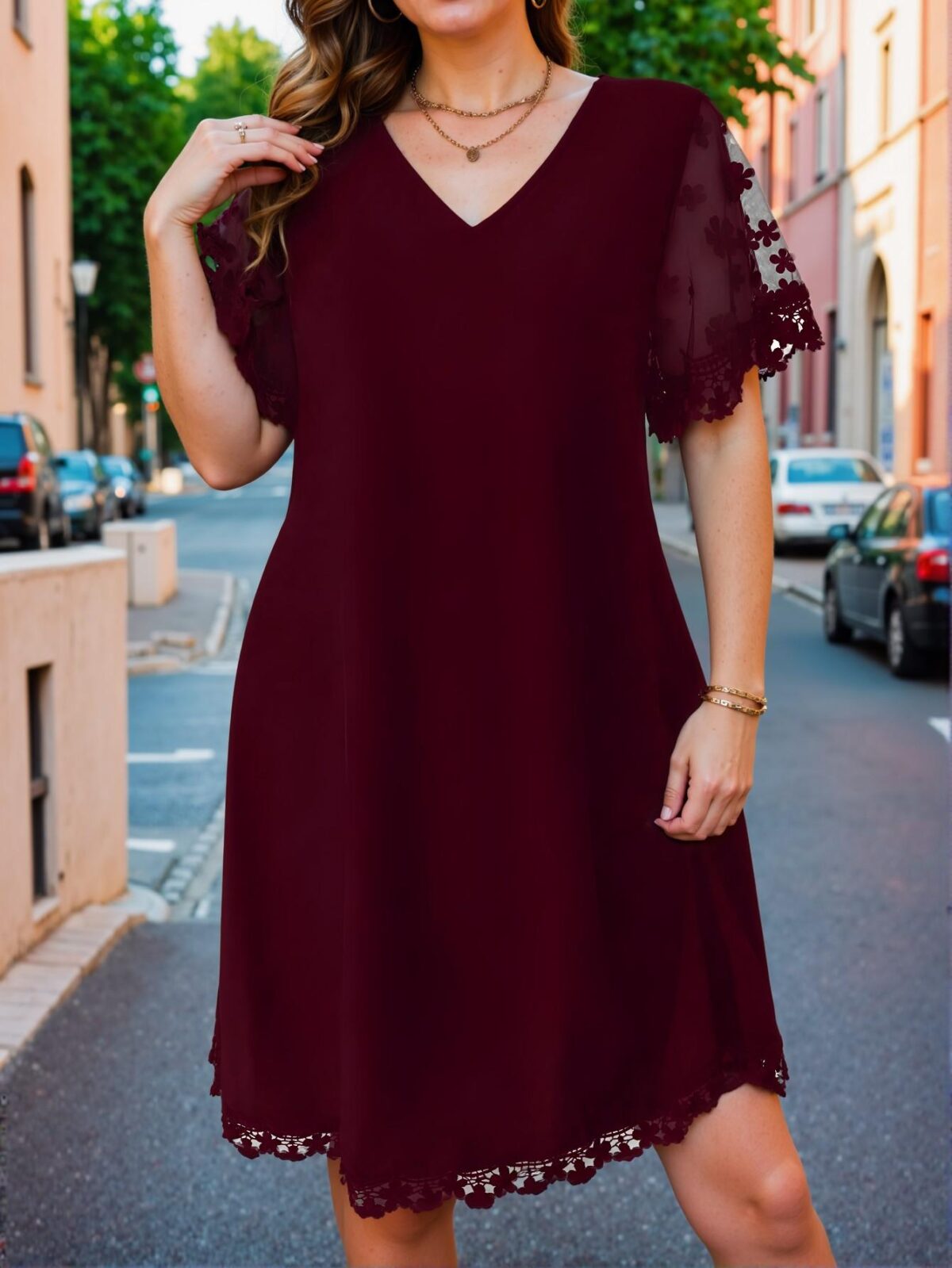 Elegant Burgundy Floral Mesh Patchwork Loose Tunic Dress for Spring and Summer Chic, Classy and Trendy Fashion Style to Dress to Impress - Image 4