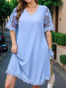 Elegant Blue Tunic Dress with 3D Floral Mesh Patchwork for Spring and Summer - Chic, Classy and Trendy Fashion Style to Dress to Impress
