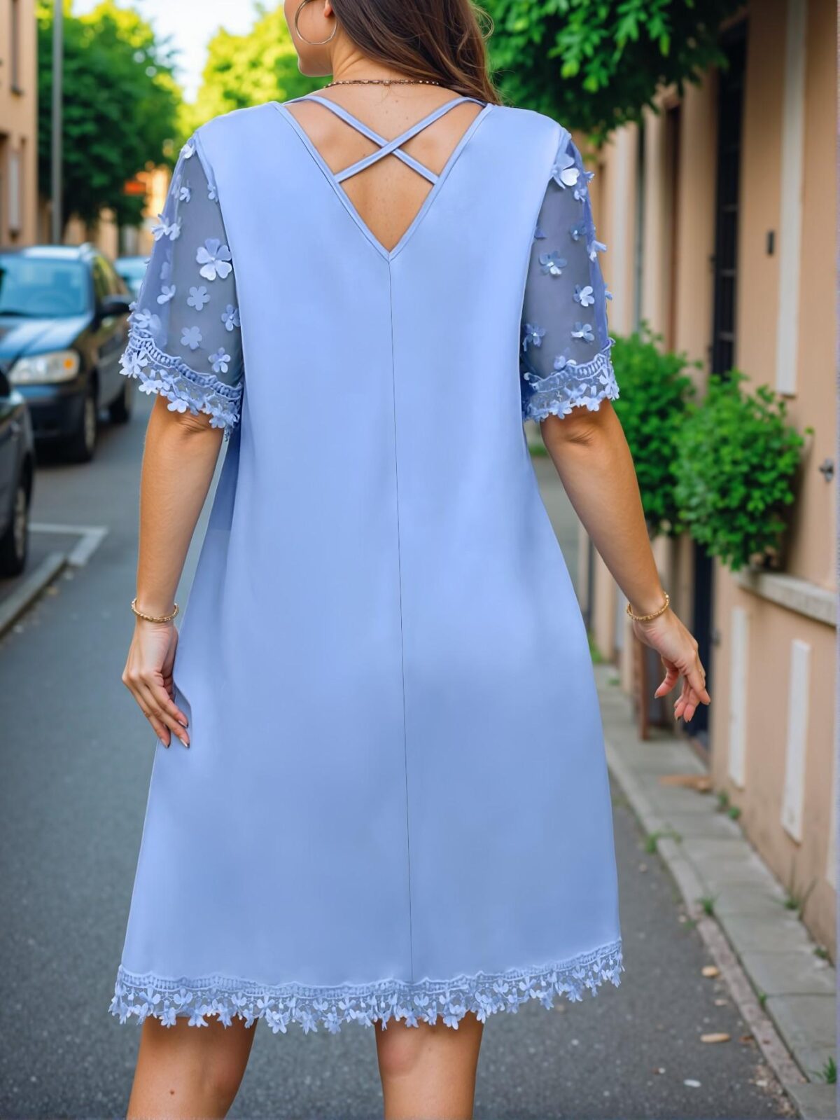 Elegant Blue Tunic Dress with 3D Floral Mesh Patchwork for Spring and Summer - Chic, Classy and Trendy Fashion Style to Dress to Impress - Image 2