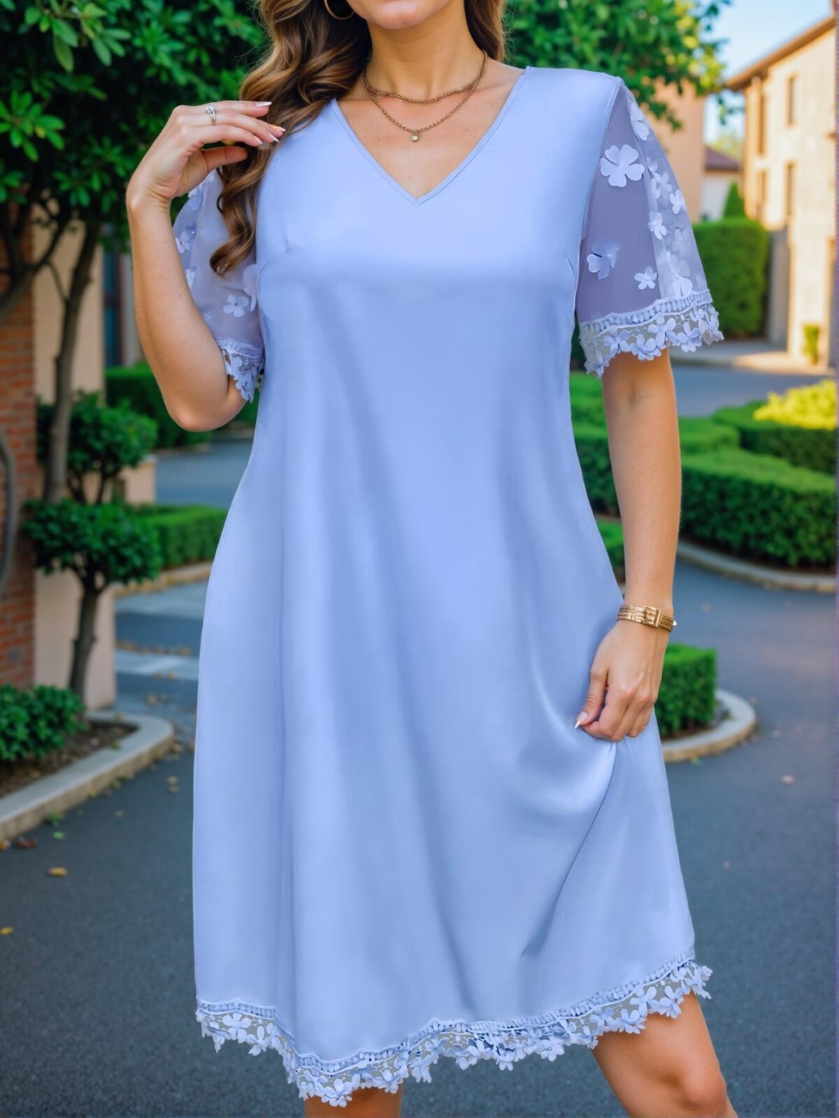 Elegant Blue Tunic Dress with 3D Floral Mesh Patchwork for Spring and Summer - Chic, Classy and Trendy Fashion Style to Dress to Impress - Image 3