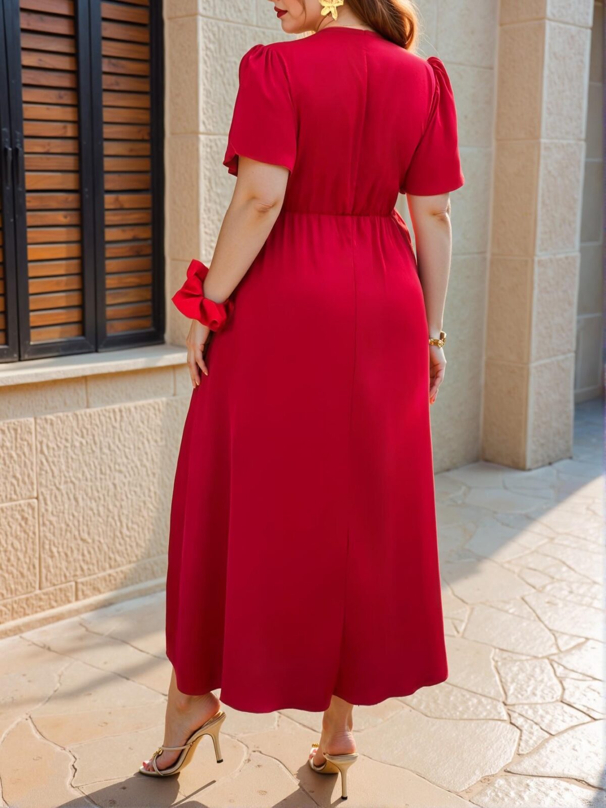 Elegant Burgundy Ruffled V-Neck Cocktail Dress with Gold Button Details for Valentine's Day and New Year Parties - Chic, Classy and Trendy Fashion Style to Dress to Impress - Image 2