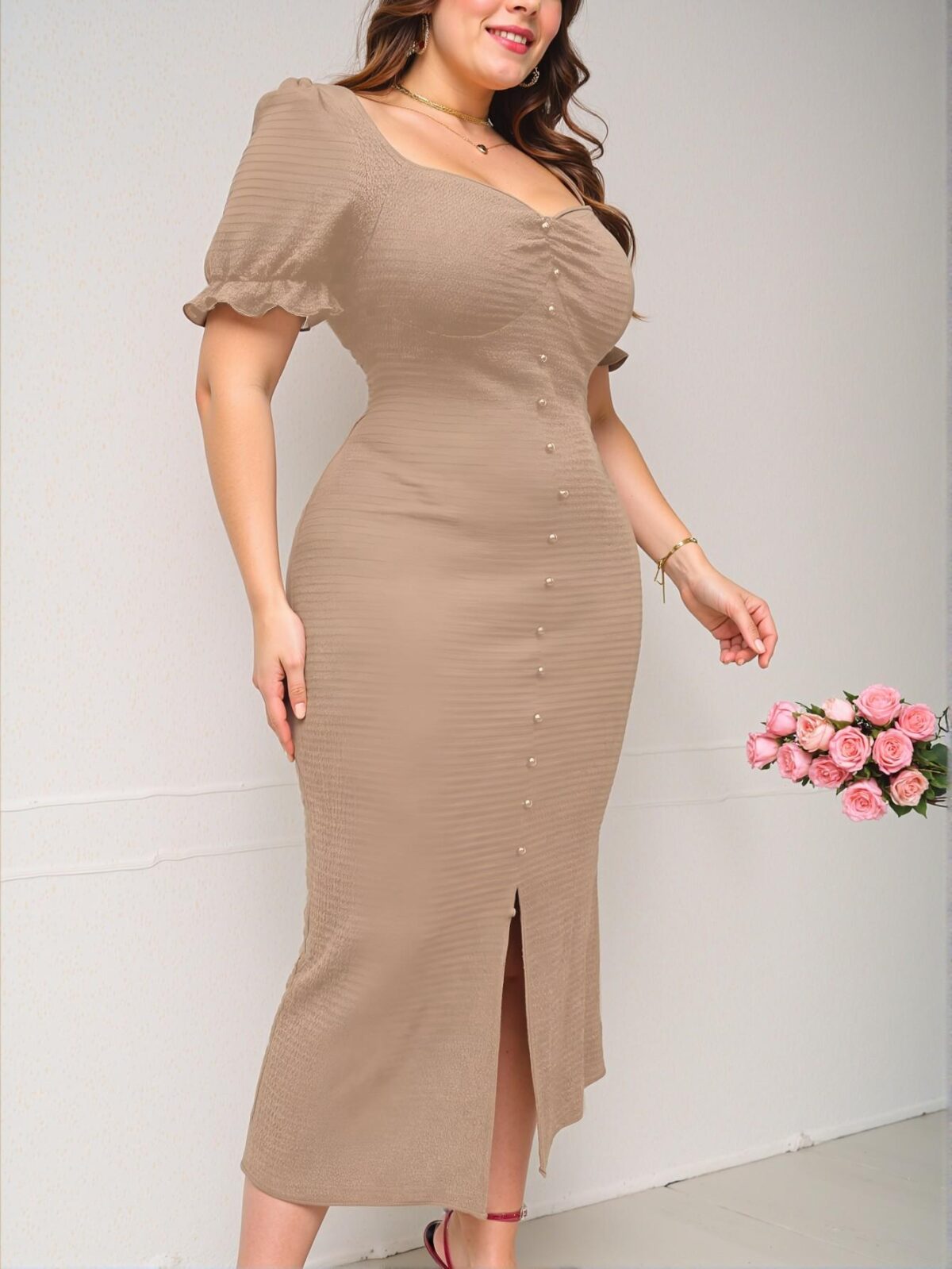 Elegant Khaki Flattering Plus Size Maxi Dress for Spring and Summer - Chic, Classy, and Trendy Fashion Style to Dress to Impress - Image 3