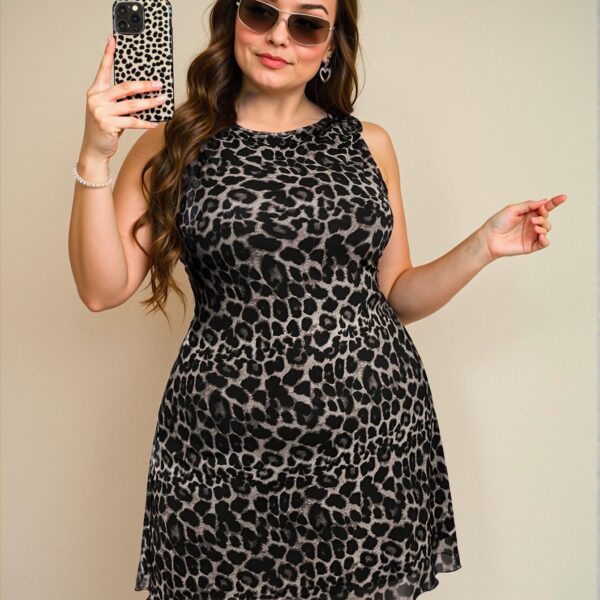 Elegant Multicolor Stylish Sleeveless Boat Neck A-Line Leopard Print Mesh Dress for Spring and Summer Chic, Classy and Trendy Fashion Style to Dress to Impress