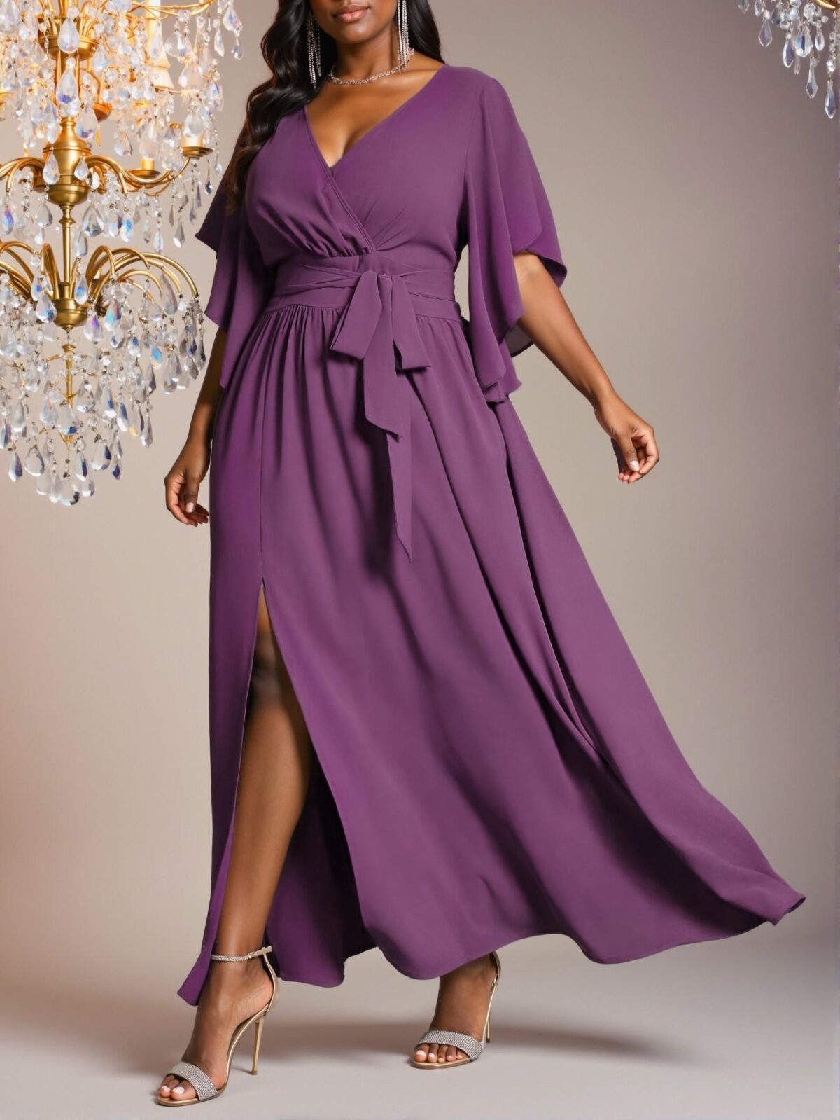 Elegant Mauve Purple Flared Sleeve Tie Waist Ruched Slit Maxi Dress for Spring and Summer "Chic, Classy and Trendy Fashion Style to Dress to Impress"
