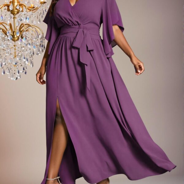 Elegant Mauve Purple Flared Sleeve Tie Waist Ruched Slit Maxi Dress for Spring and Summer "Chic, Classy and Trendy Fashion Style to Dress to Impress"