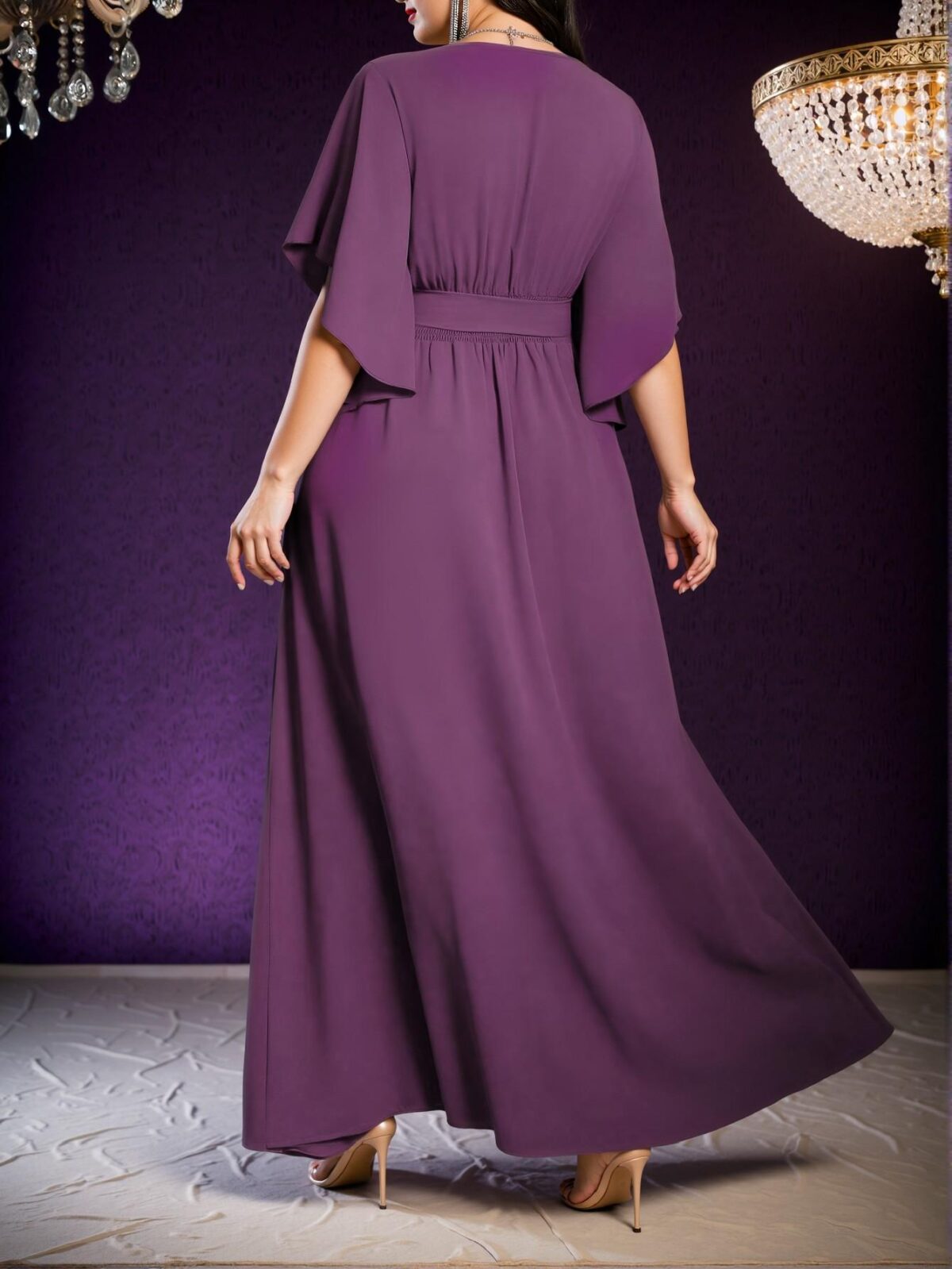 Elegant Mauve Purple Flared Sleeve Tie Waist Ruched Slit Maxi Dress for Spring and Summer "Chic, Classy and Trendy Fashion Style to Dress to Impress" - Image 2