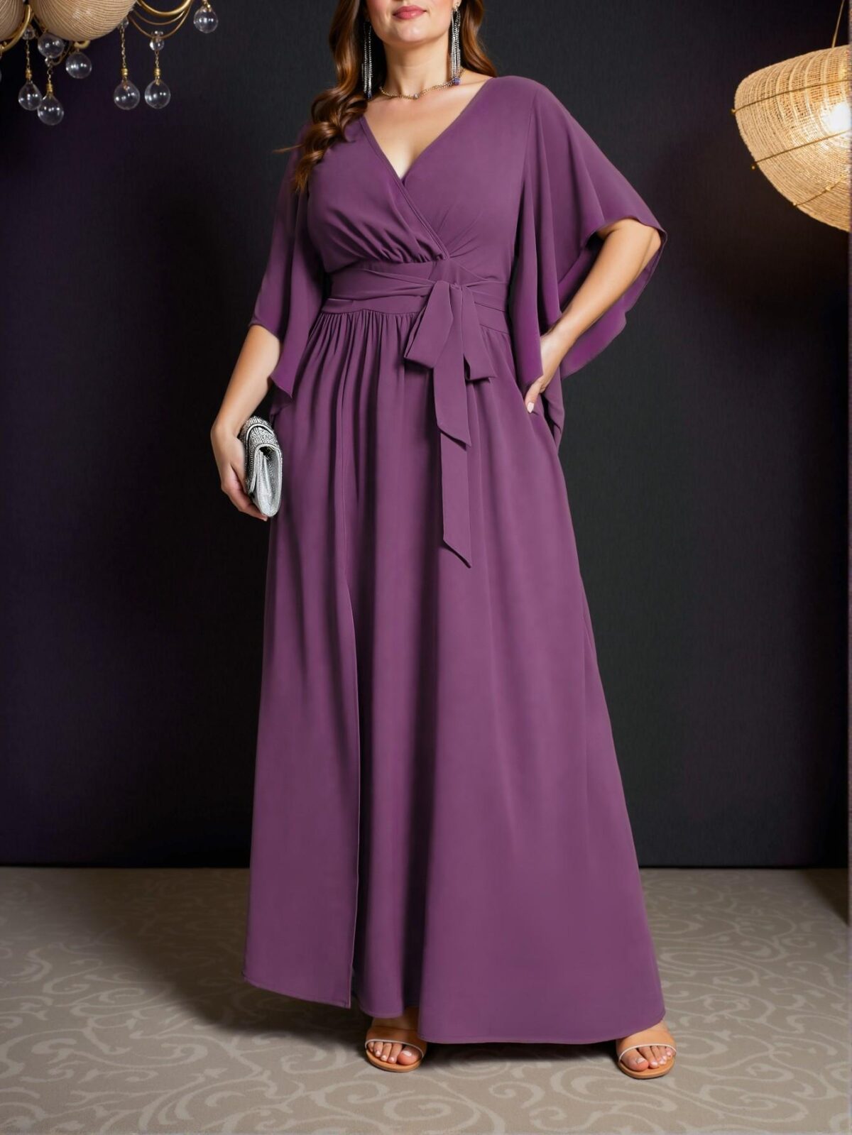Elegant Mauve Purple Flared Sleeve Tie Waist Ruched Slit Maxi Dress for Spring and Summer "Chic, Classy and Trendy Fashion Style to Dress to Impress" - Image 3
