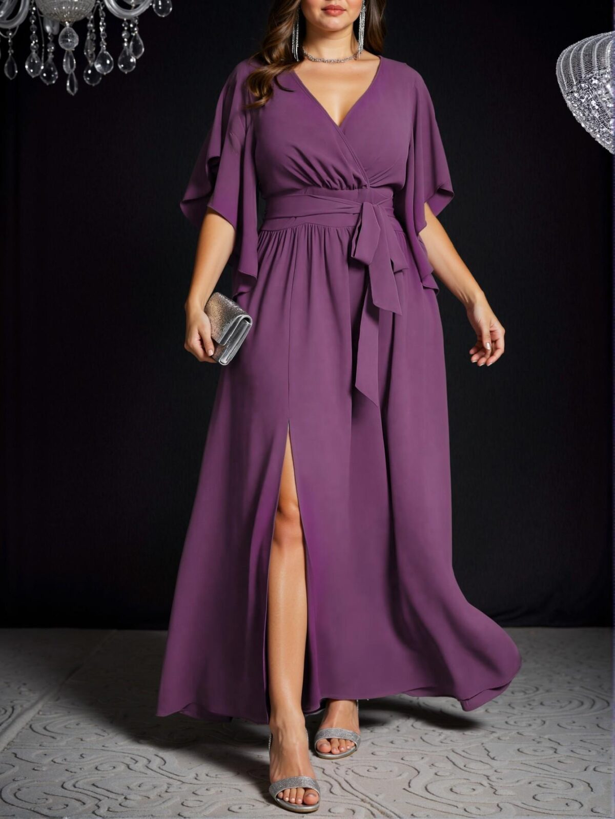 Elegant Mauve Purple Flared Sleeve Tie Waist Ruched Slit Maxi Dress for Spring and Summer "Chic, Classy and Trendy Fashion Style to Dress to Impress" - Image 4