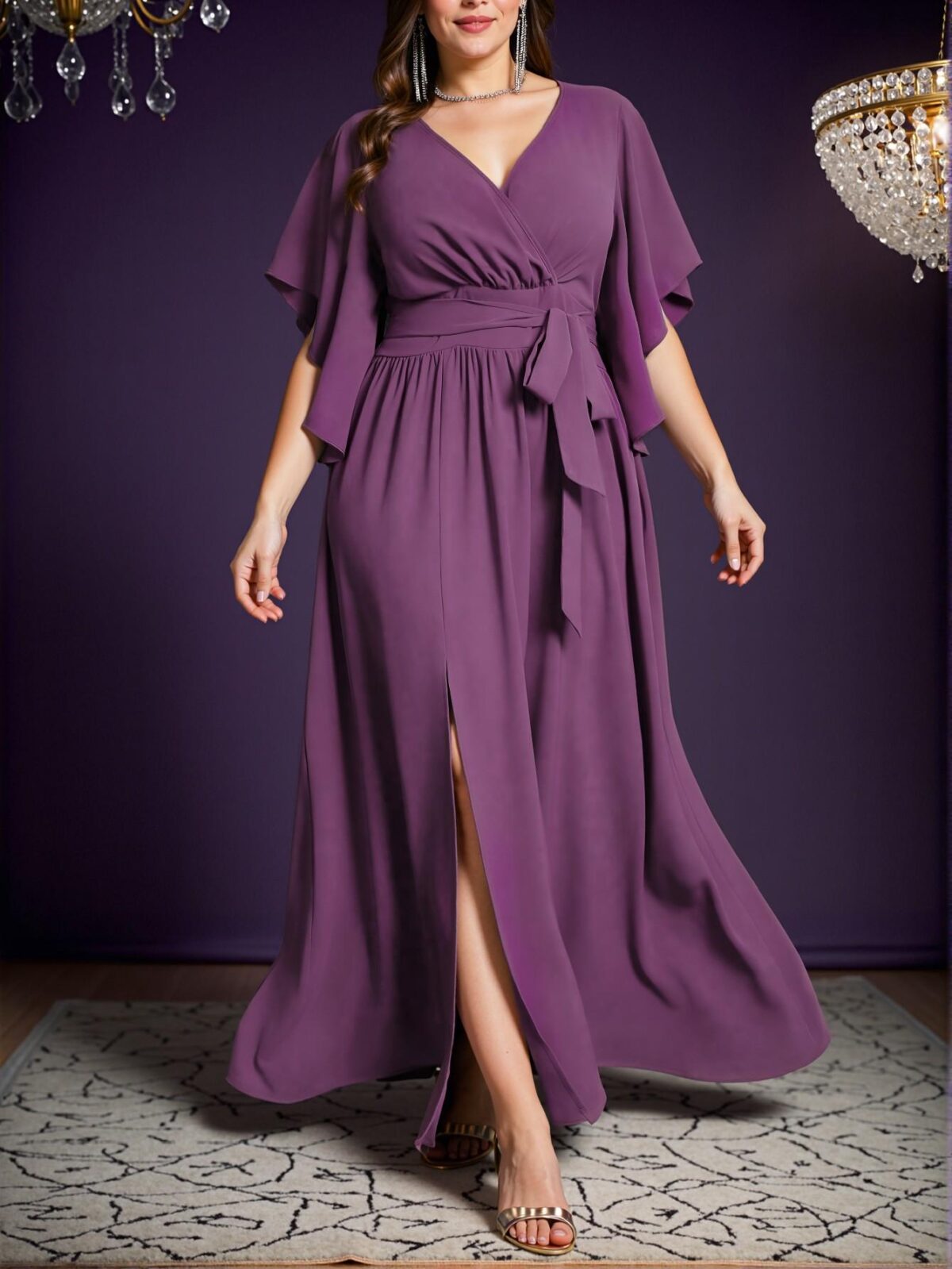 Elegant Mauve Purple Flared Sleeve Tie Waist Ruched Slit Maxi Dress for Spring and Summer "Chic, Classy and Trendy Fashion Style to Dress to Impress" - Image 5