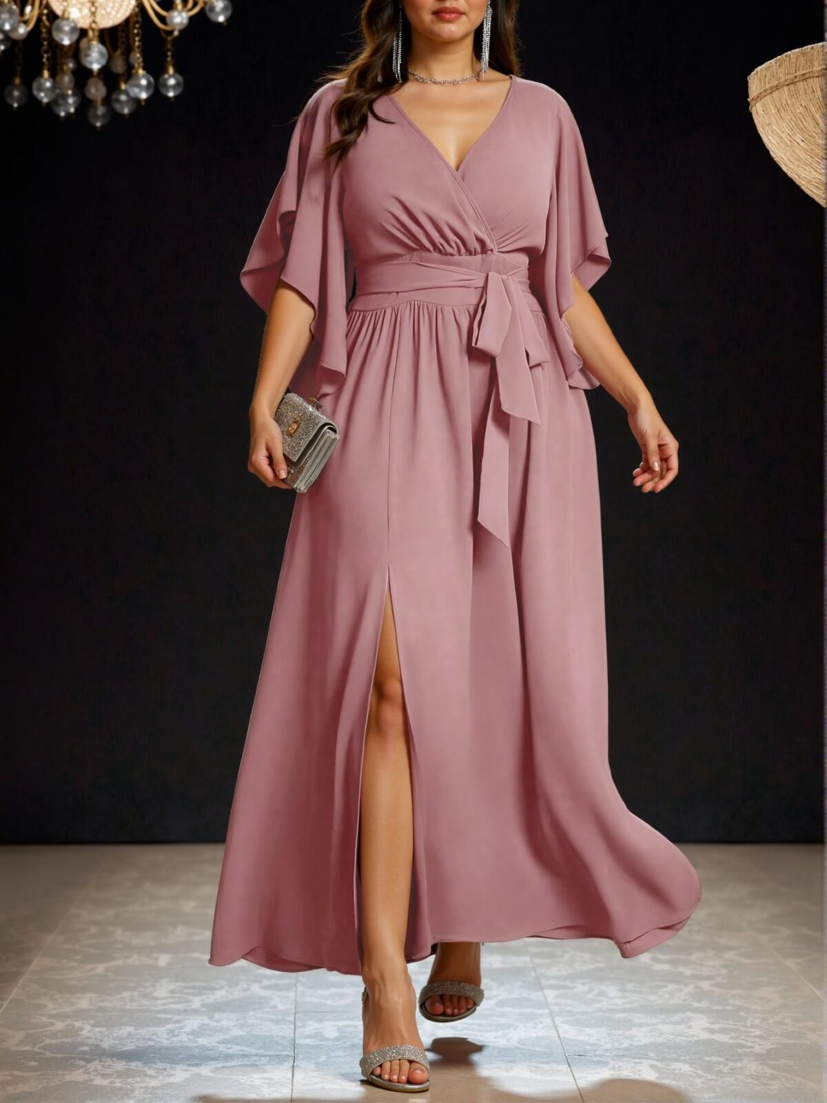 Elegant Dusty Pink Flare Sleeve Tied Waist Ruched Slit Maxi Dress for Spring and Summer Chic, Classy and Trendy Fashion Style to Dress to Impress
