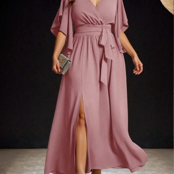 Elegant Dusty Pink Flare Sleeve Tied Waist Ruched Slit Maxi Dress for Spring and Summer Chic, Classy and Trendy Fashion Style to Dress to Impress