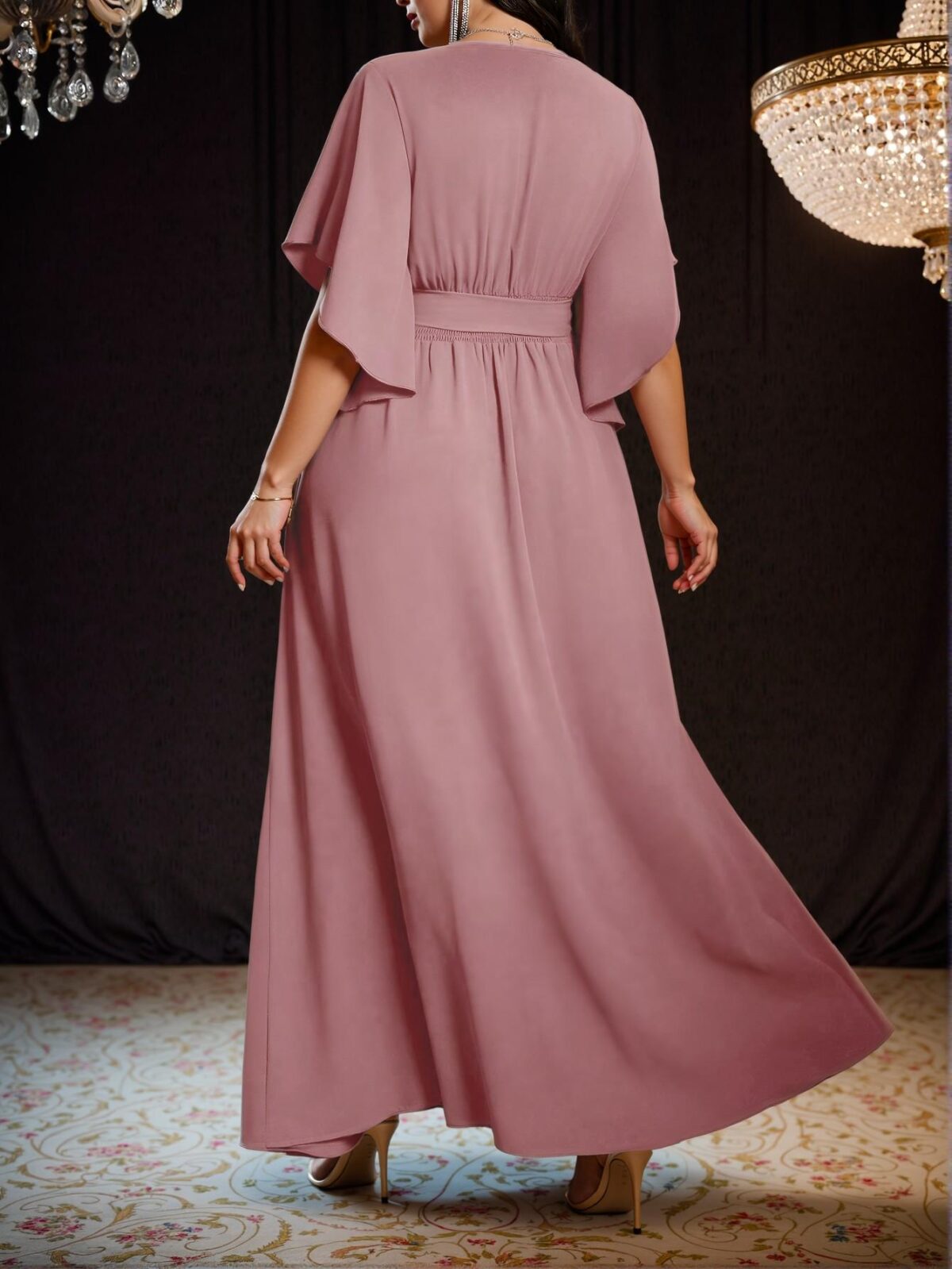 Elegant Dusty Pink Flare Sleeve Tied Waist Ruched Slit Maxi Dress for Spring and Summer Chic, Classy and Trendy Fashion Style to Dress to Impress - Image 2