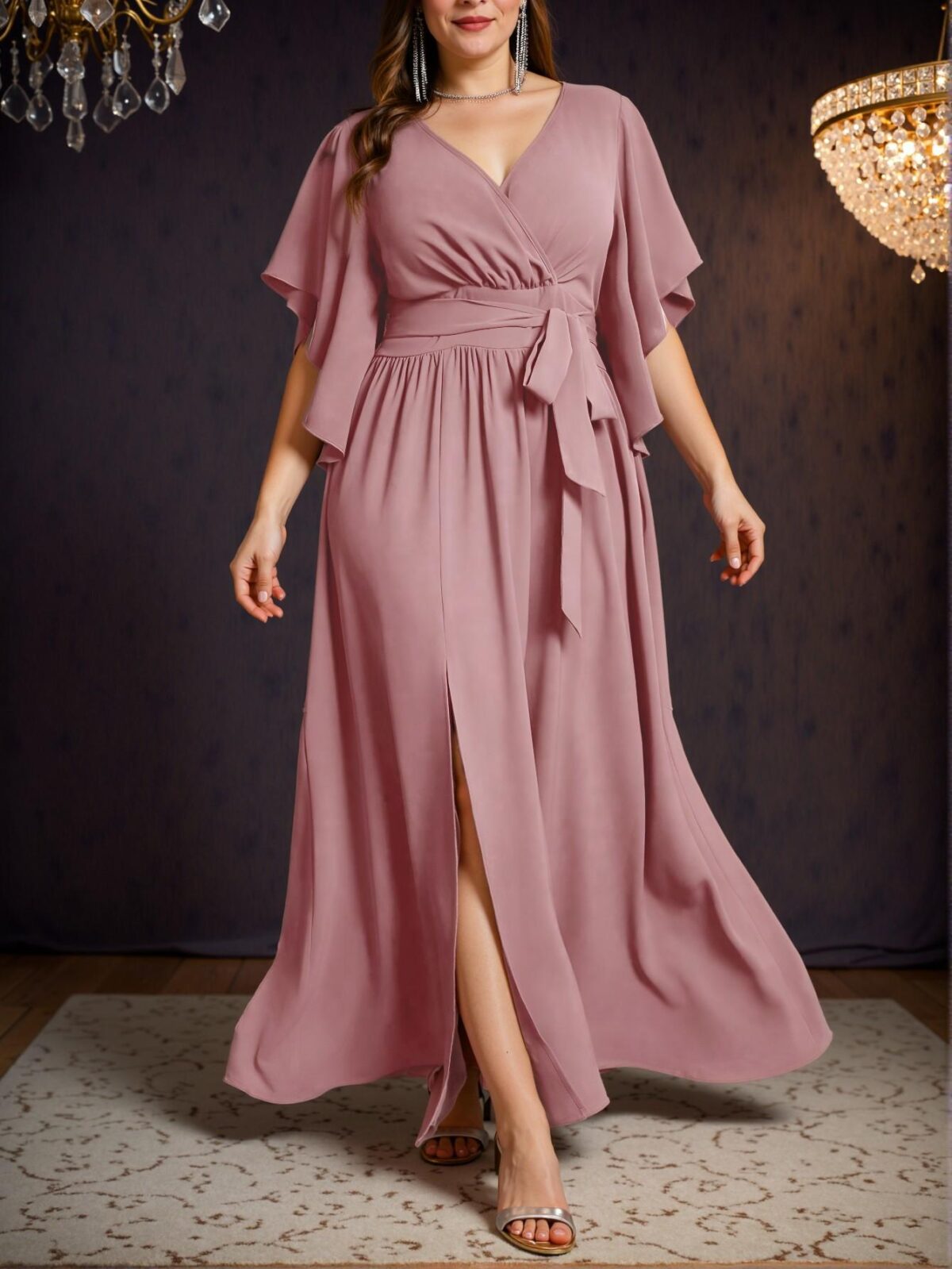 Elegant Dusty Pink Flare Sleeve Tied Waist Ruched Slit Maxi Dress for Spring and Summer Chic, Classy and Trendy Fashion Style to Dress to Impress - Image 4