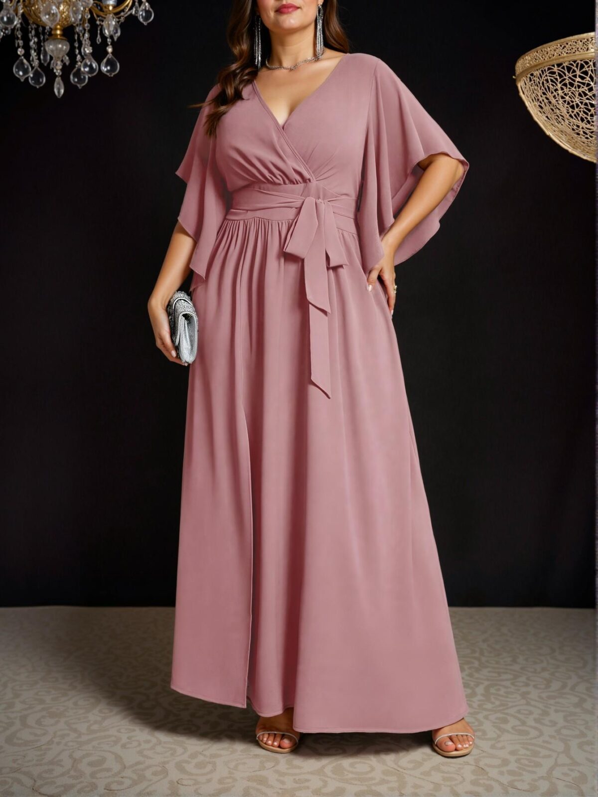 Elegant Dusty Pink Flare Sleeve Tied Waist Ruched Slit Maxi Dress for Spring and Summer Chic, Classy and Trendy Fashion Style to Dress to Impress - Image 5