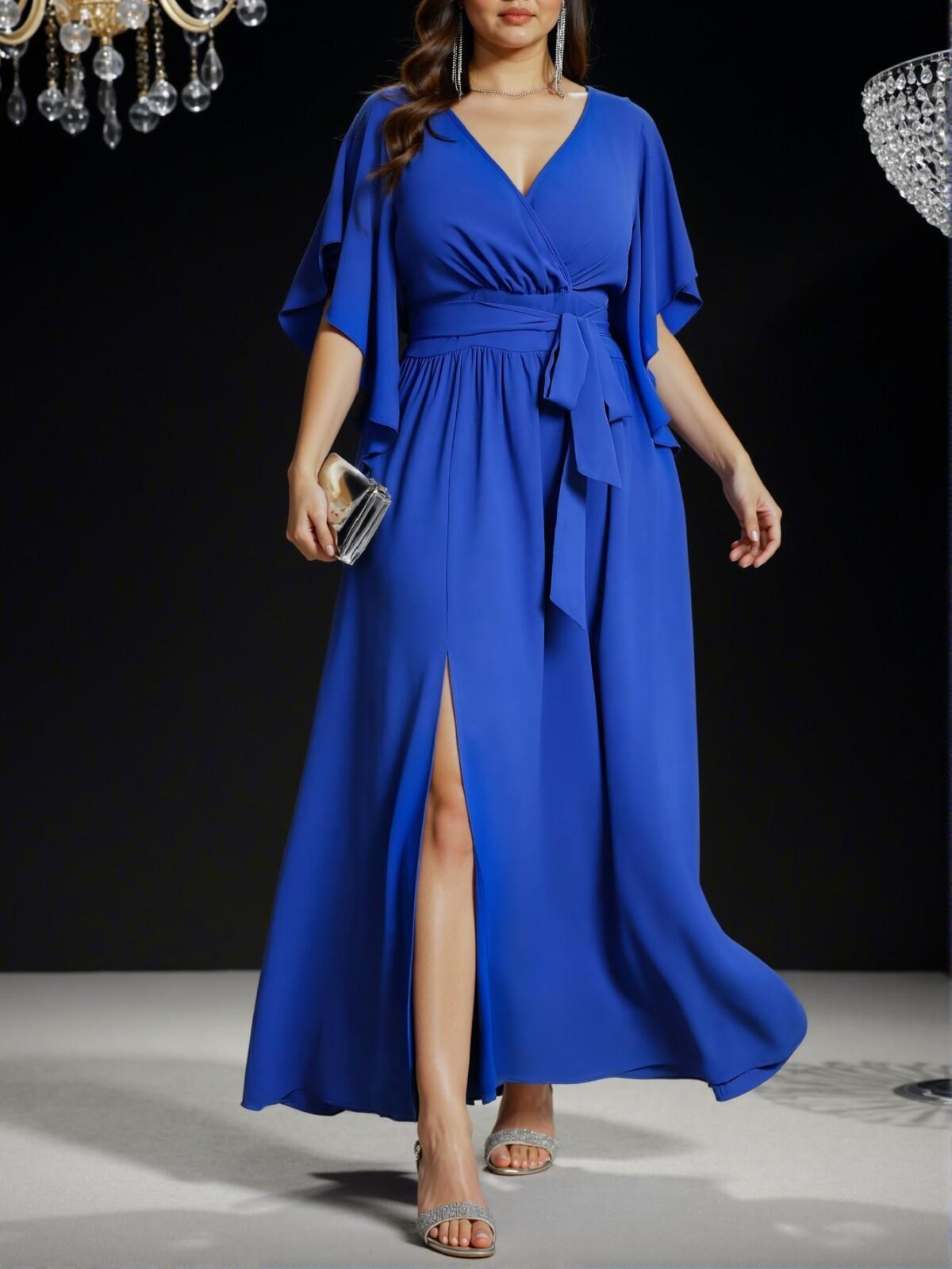 Elegant Royal Blue Flared Short Sleeve Ruched Tie Waist Maxi Dress with Slit for Spring and Summer - Chic, Classy and Trendy Fashion Style to Dress to Impress
