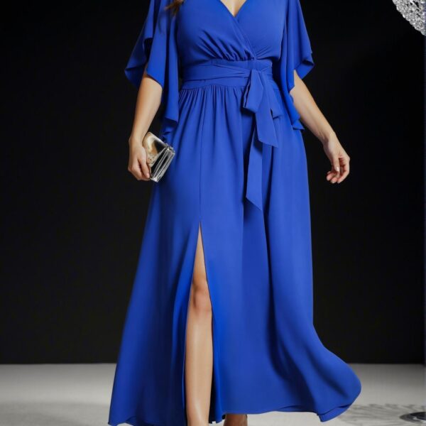 Elegant Royal Blue Flared Short Sleeve Ruched Tie Waist Maxi Dress with Slit for Spring and Summer - Chic, Classy and Trendy Fashion Style to Dress to Impress
