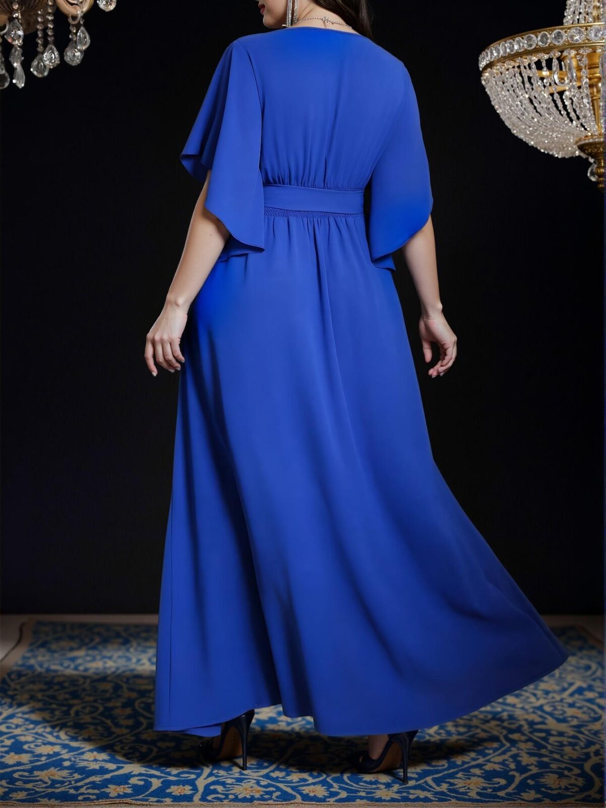 Elegant Royal Blue Flared Short Sleeve Ruched Tie Waist Maxi Dress with Slit for Spring and Summer - Chic, Classy and Trendy Fashion Style to Dress to Impress - Image 2