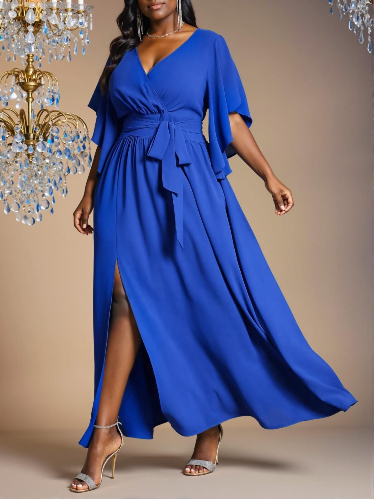 Elegant Royal Blue Flared Short Sleeve Ruched Tie Waist Maxi Dress with Slit for Spring and Summer - Chic, Classy and Trendy Fashion Style to Dress to Impress - Image 3
